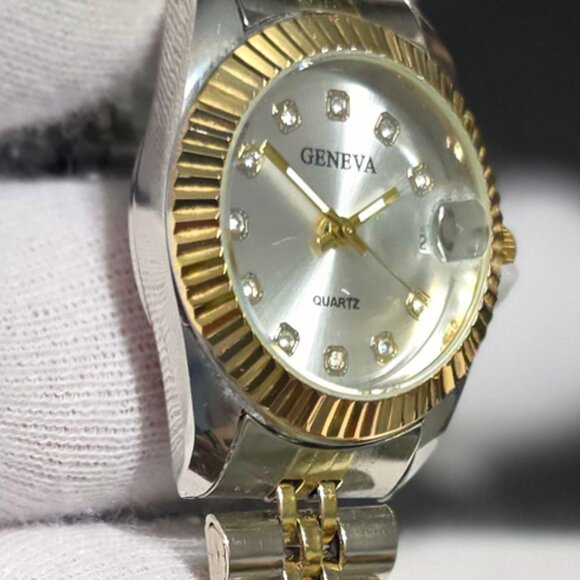 Geneva Ladies Rhinestone Silver Dial Watch Two-Tone Gold/Silver Bracelet W/Date - Picture 9 of 16